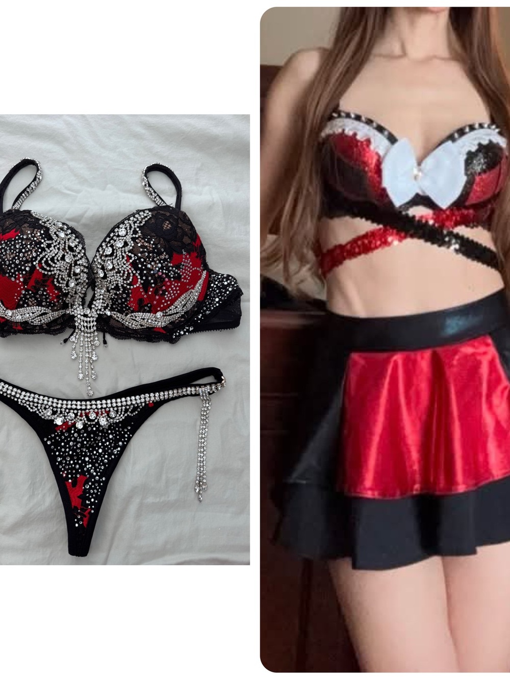 Rhinestone Sequin Embellished Red & Black Push-Up Bra Set Vicky Ross Vinyl Dolls